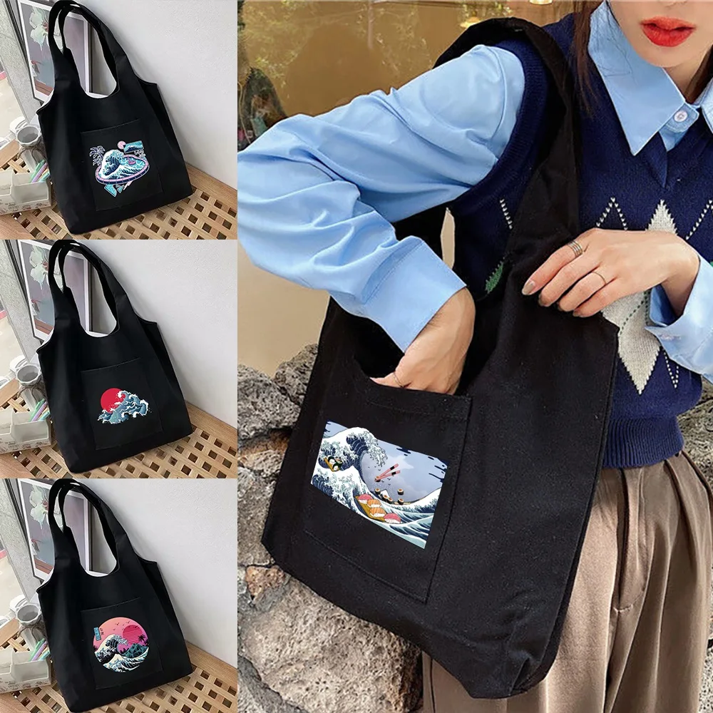 

Women‘s Shopping Bags Canvas Commuter Shopper Vest Bag Cotton Cloth Wave Bolsas Reusable Grocery Black Eco Handbags Tote Bag