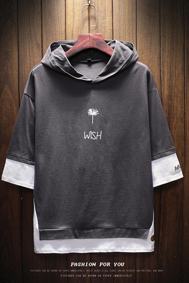 

cotton T-shirt male hooded false Summer two loose letters embroidery Patchwork short sleeve T shirts Men casual BB50T
