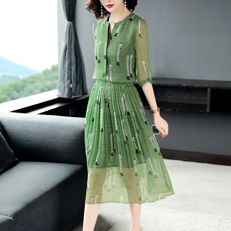 Женское Элегантное летнее платье из 100% натурального шелка черное в горошек