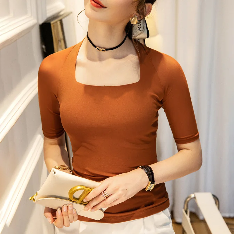Women Soft Cotton T-shirt Half Sleeve Square Collar Solid color Lady Basic Shirt  For Spring & Autumn Causal Top