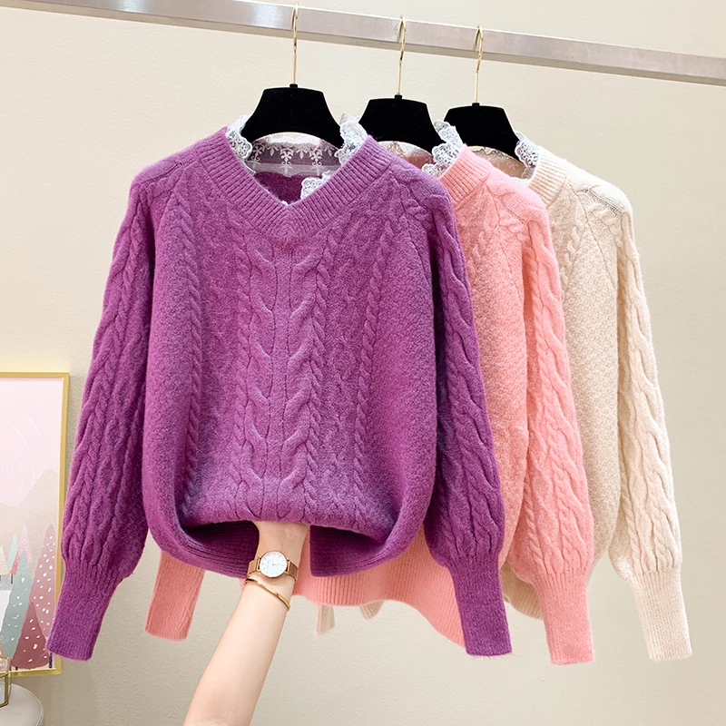 Женский Повседневный свитер и пуловеры длинный кружевной джемпер с V-образным