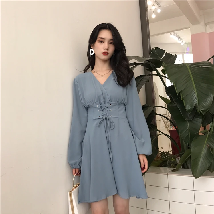 

chic chiffon lantern sleeve v-neck Spring fall mini-dress full bow Women's Clothing streetwear vestidos fashion brand dresses