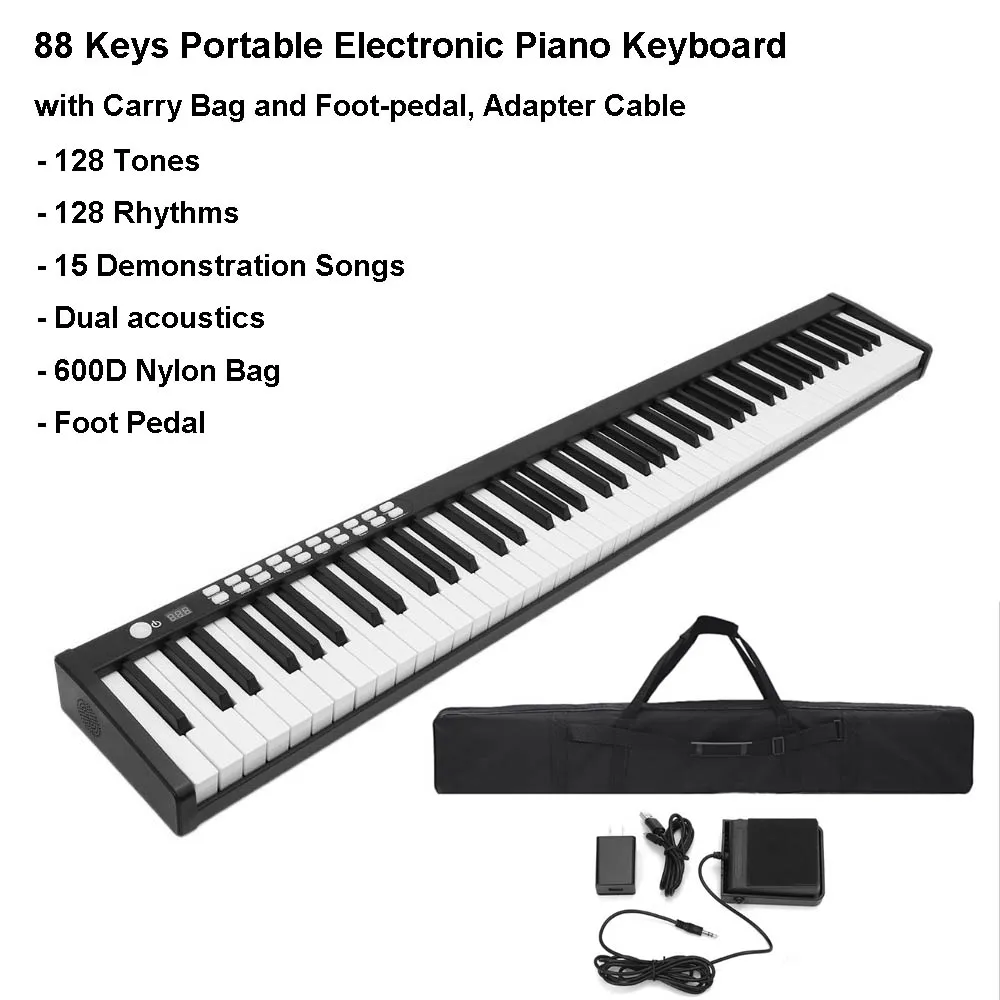 

88 Keys Portable Electric Piano MIDI Output with 128 Tones 15 demonstration songs hand-held Keyboard Piano Sustain Pedal w/Pedal