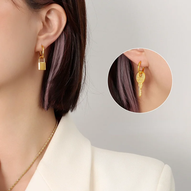 ALLNEWME Exaggerated Gold Colour Lock Key Asymmetric Pendant Earrings for Women Ladies Titanium Steel Earrings Accessories