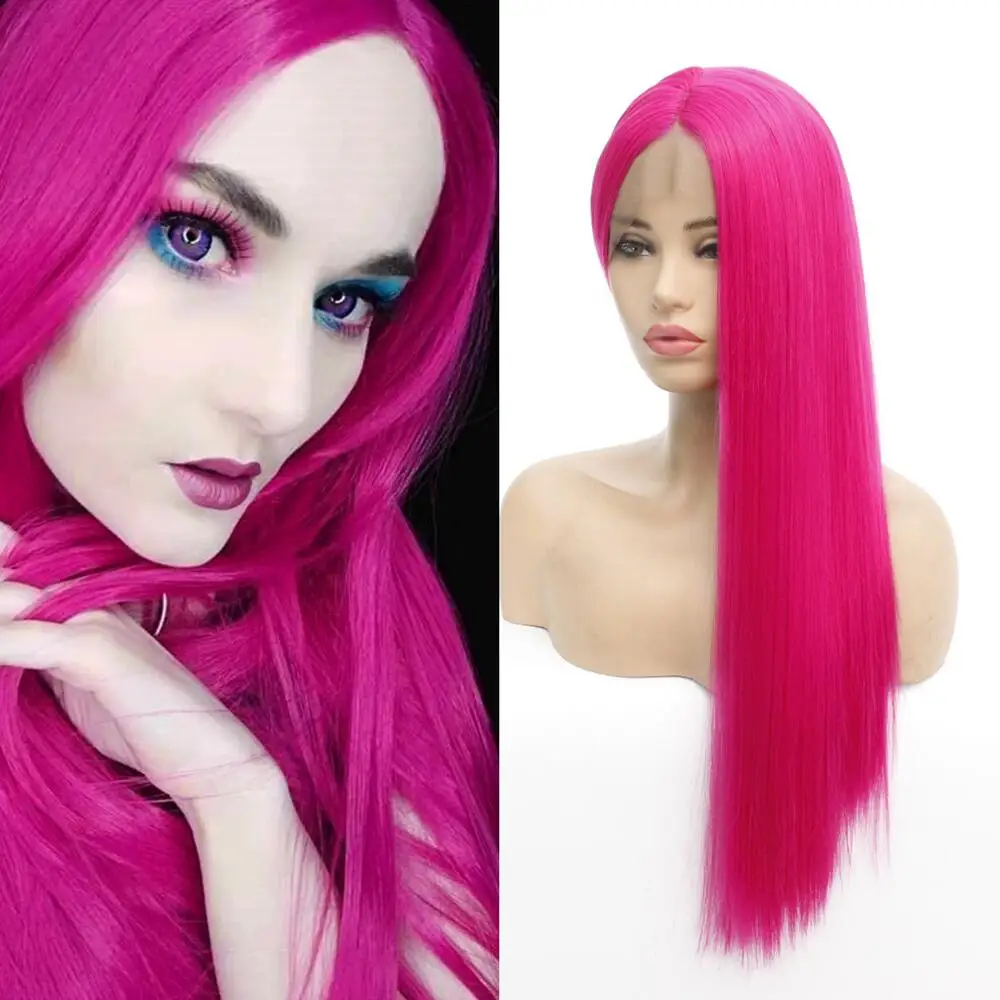 Парик розовый длинный прямой 13x3 синтетические кружевные передние парики для