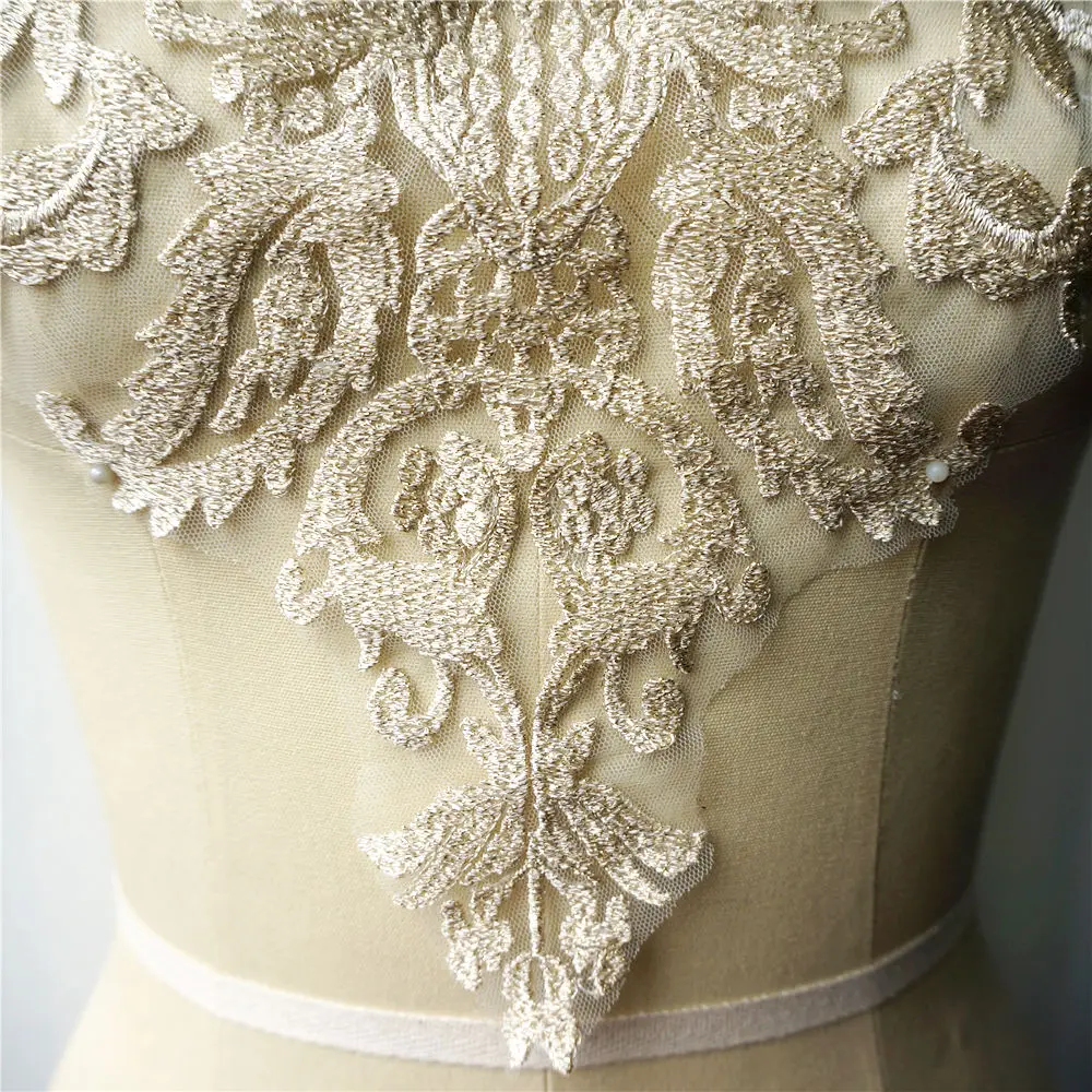 Кружево из золотых нитей Цветочная вышивка свадебное платье аппликация барокко
