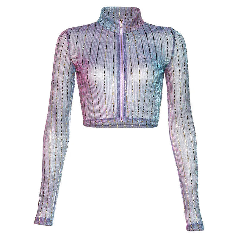 Chiffon splicing sequins umbilical shirt long sleeve half-high collar zipper placket pleated T-shirt fashion spring and summer | Женская