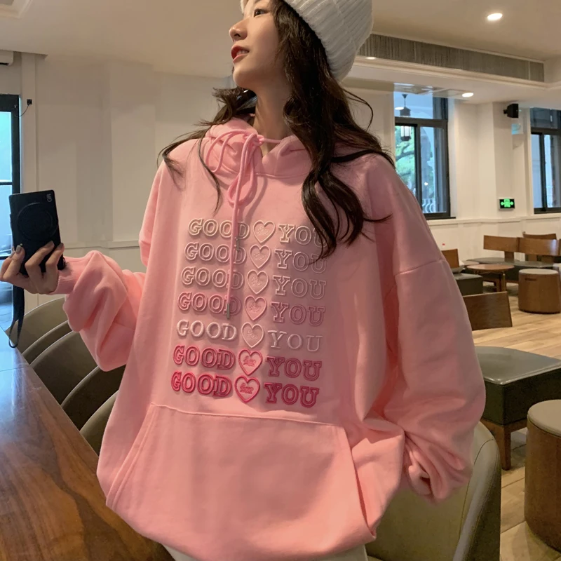 

Модная женская одежда в стиле хип-хоп, женская одежда в Корейском стиле, милые розовые топы, студенческий пуловер с надписью Friend Emo, уличная о...