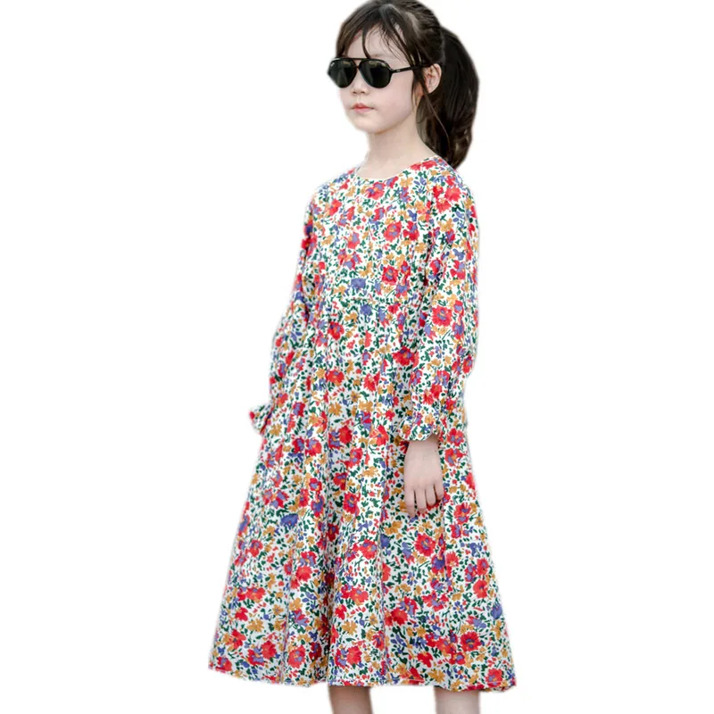 

На возраст от 4 до 16 лет для маленьких девочек и девочек-подростков на весну Длинные рукава цветочный принт миди со свободной юбкой; Модное д...