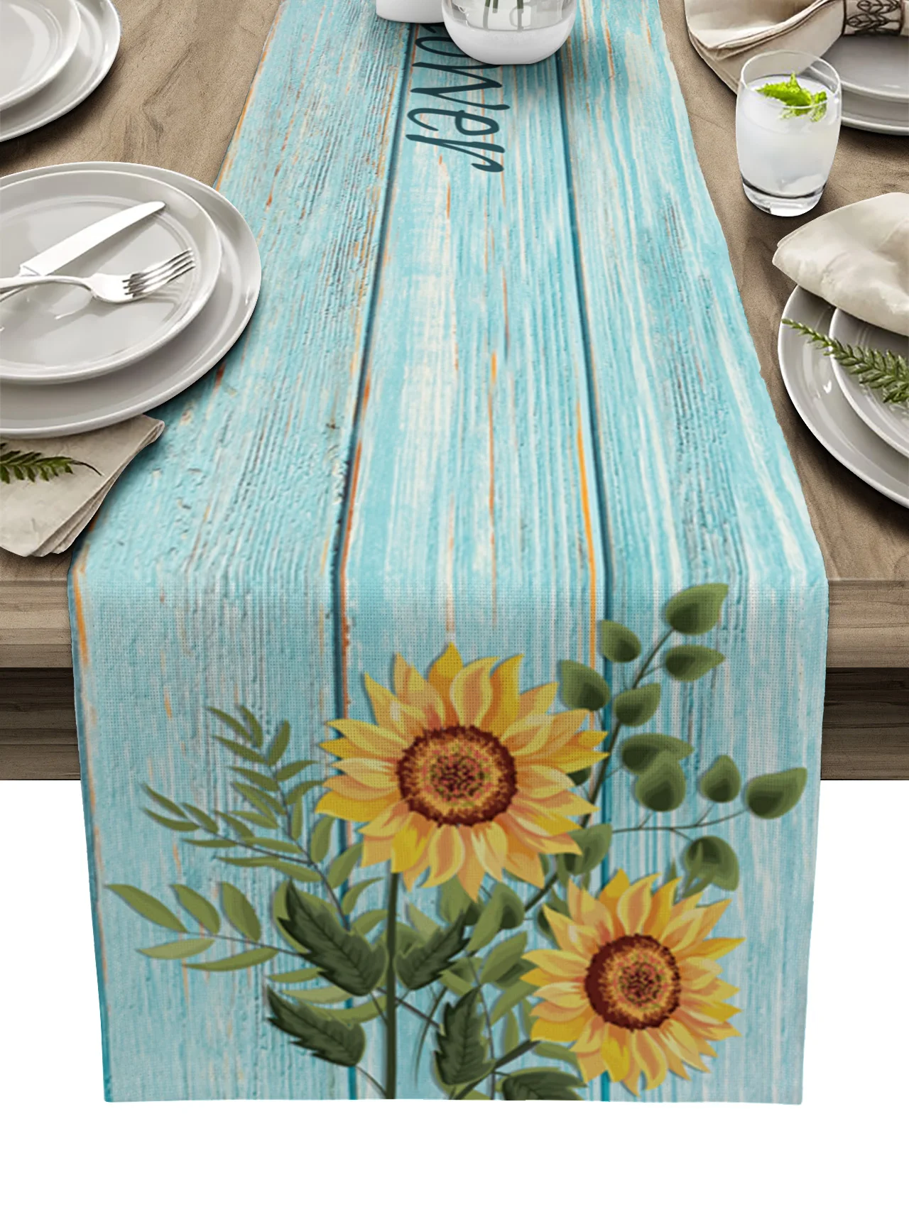 

Sunflower Blue Wood Board Table Runner Kitchen Decor Tablecloth Placemat Hotel Home Wedding Decor Table Runners