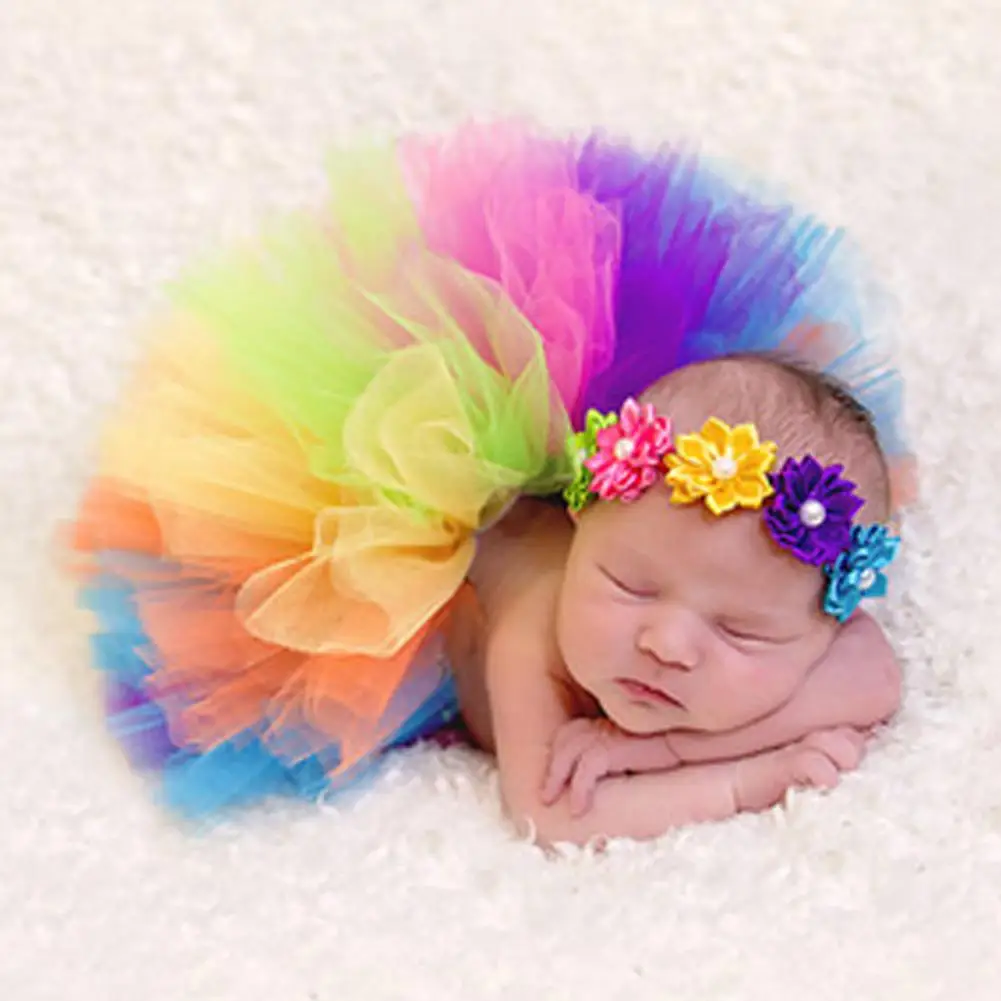 

Newborn Baby Photography Props Skirt Rainbow Fotografia Photo Props Clothes Sets with Hairband Baby Multicolor Infant Tutu Skirt