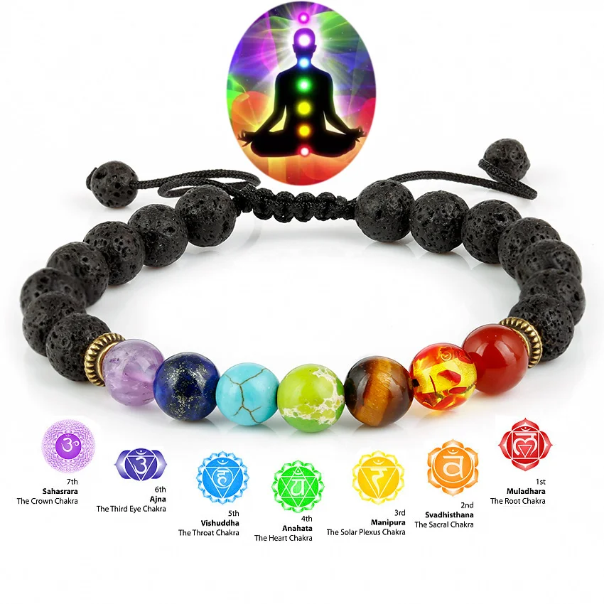 Женский браслет из черной лавы 8 мм с бусинами 7 чакр для йоги|Браслеты шармами| |