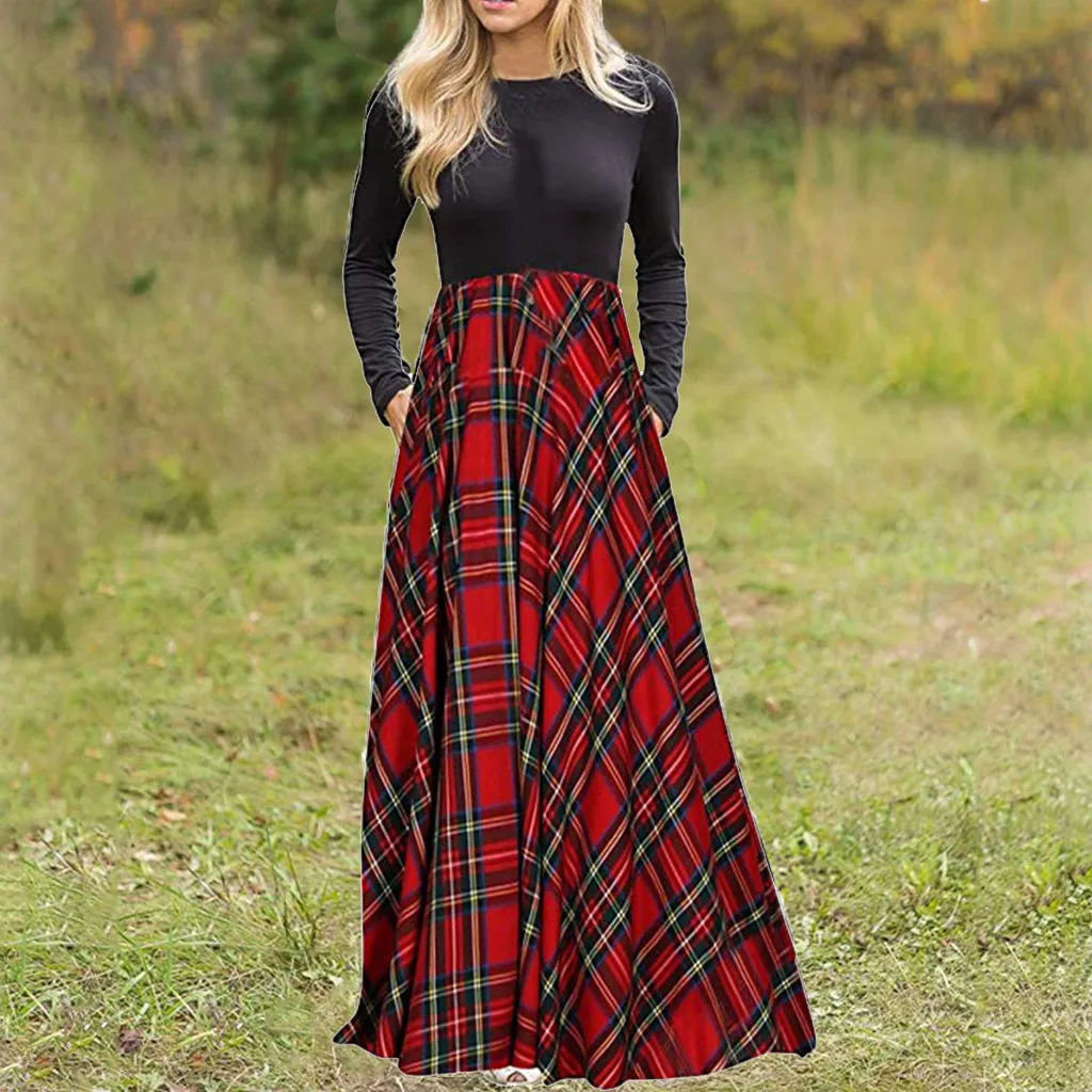 Женское платье большого размера модная клетчатая одежда с длинными рукавами