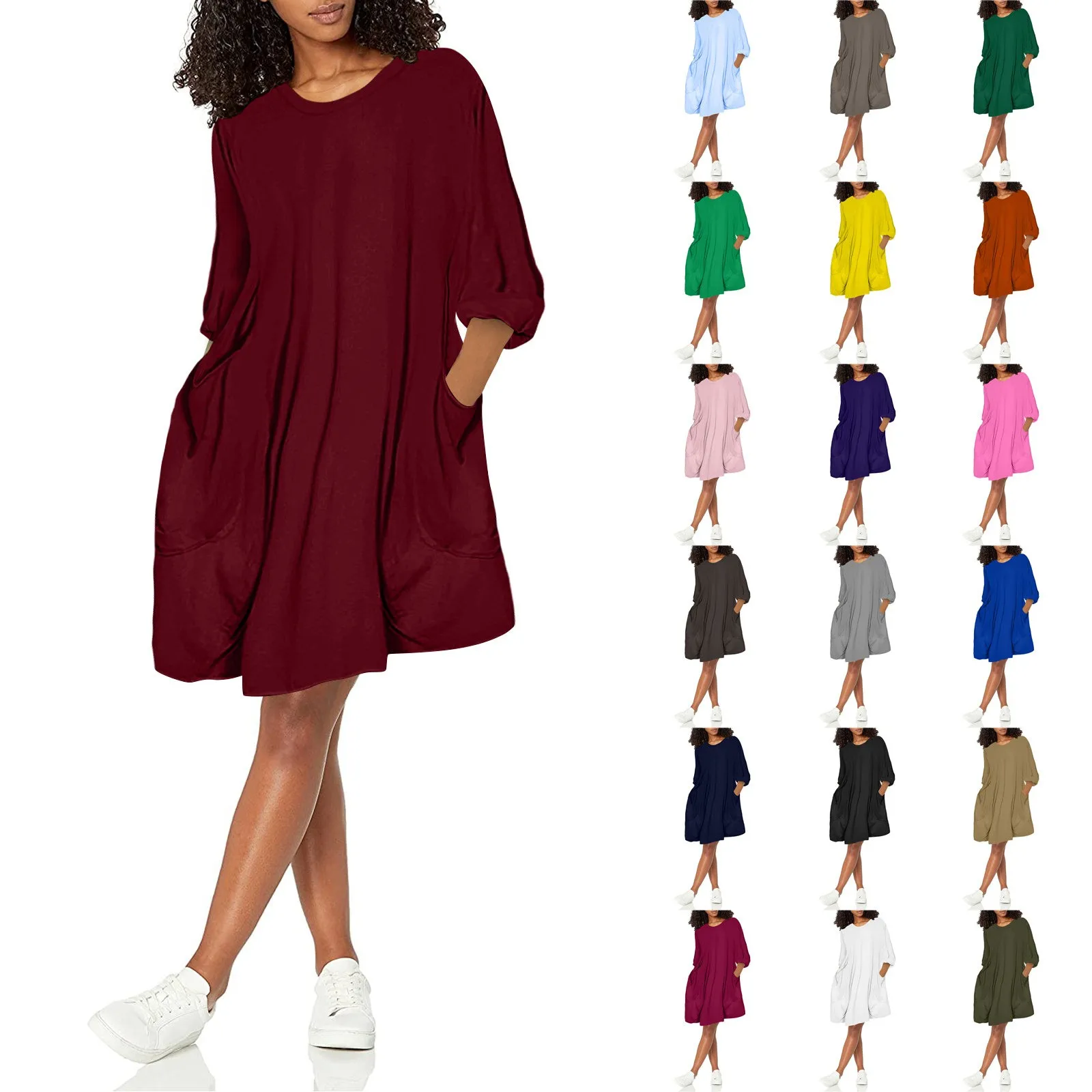 

New Solid Plus Sized Woman Dress O-neck Pocket Half Sleeve Tshirt Knee-length Dress Preppy Style Casual Women Dresses Ropa Mujer