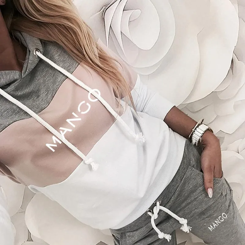 

Women's Sport Fashion Patchwork Hoodie Pocketed Long Sleeve Women Suit Ladies Top Long Pant Playsuit Streetwear Sudadera Mujer