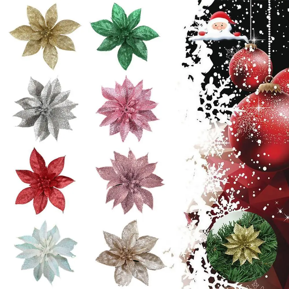 

Hollow Dusting Christmas New Year 2022 Party Decor Glitter Flowers Christmas Tree Hanging Pendant Fake Flower Christmas Decor