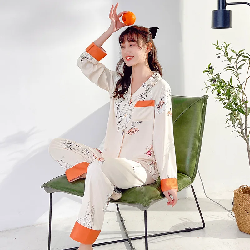 

2pcs Sleep Printing Silk Like Pajama Set Sexy Rayon Sleepwear Short Ladies Pyjama Fashion Flower Pajamas For Women Ink Style