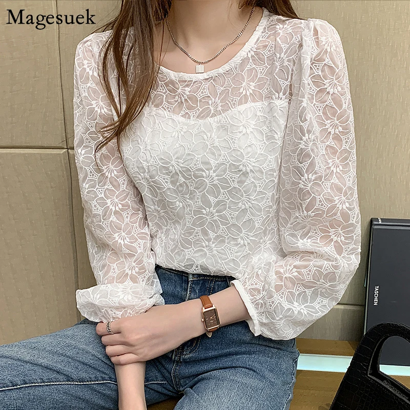 

Chic Embroidery Floral Blouse 2021 Spring New O Neck Lantern Long Sleeve Shirt Korean Elegant Lace Loose White Women Tops 13982