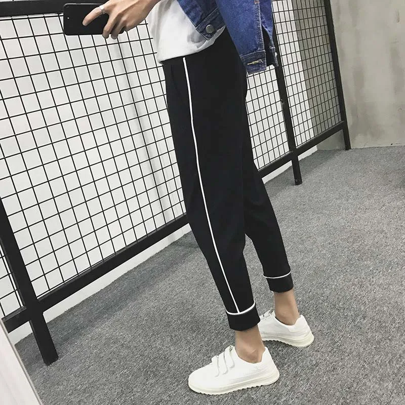 

New 2021 summer men's harem casual teenagers pants striped wild feet Korean sports thin ankle length pants