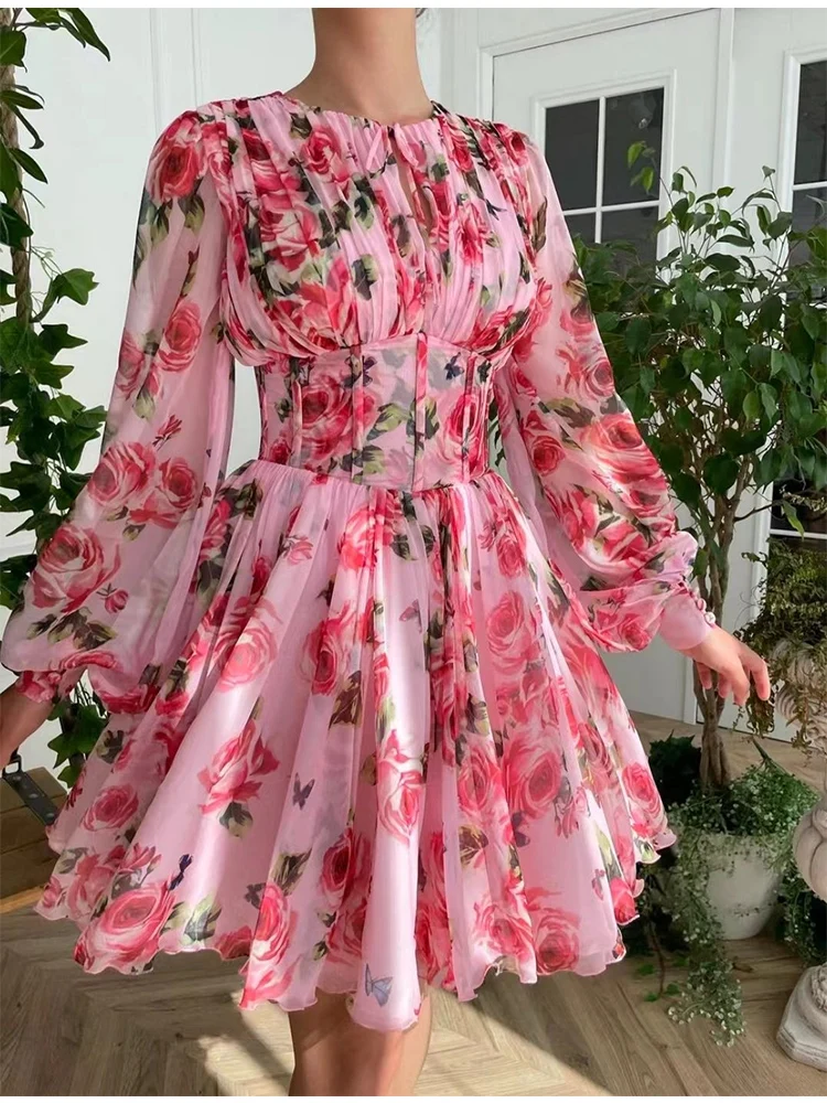 

Fall 2021 fashion designer lace mid-length skirt female print lantern sleeve elegant slim fashion dress