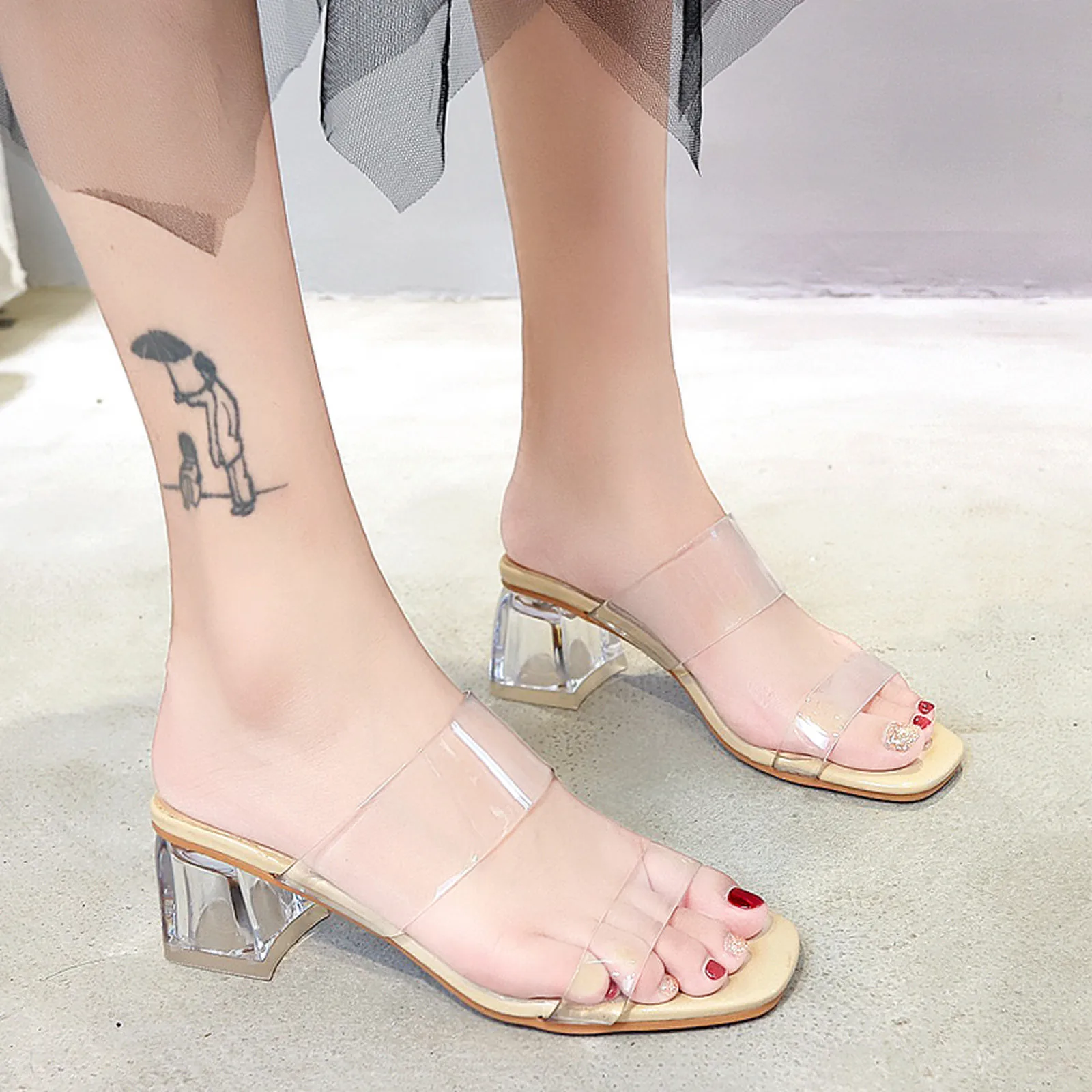 

Transparent High Heels Slippers Women Sandals Summer Shoes Sexy Square High Heels Sandals 2022 Summer Women's Home Slippers