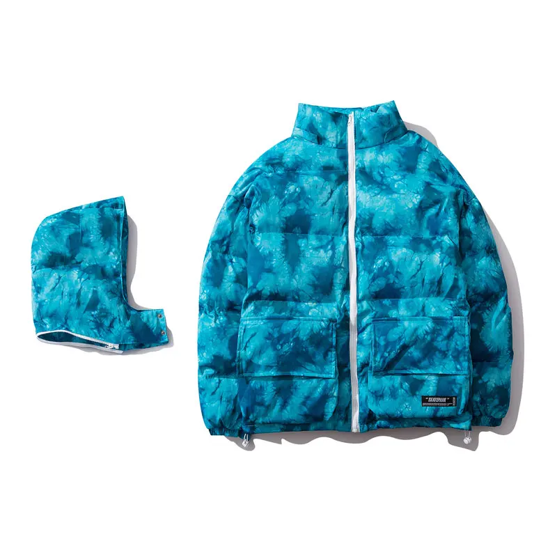 GONTHWID Tie Dye/толстая теплая парка со съемным капюшоном, куртки, хип-хоп хлопчатобумажные пуховики в повседневном стиле, парки, зимние пальто, уличная верхняя одежда - Цвет: Blue V