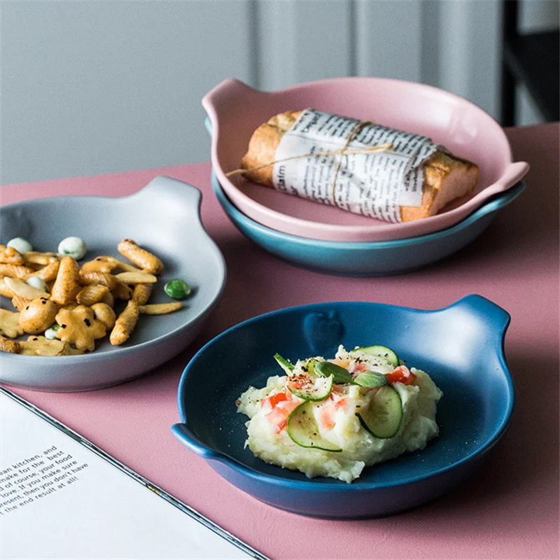 

Nordic style Ceramic Double Ear Tray Household 8-inch round Plate Household Western Dish Baking Tray