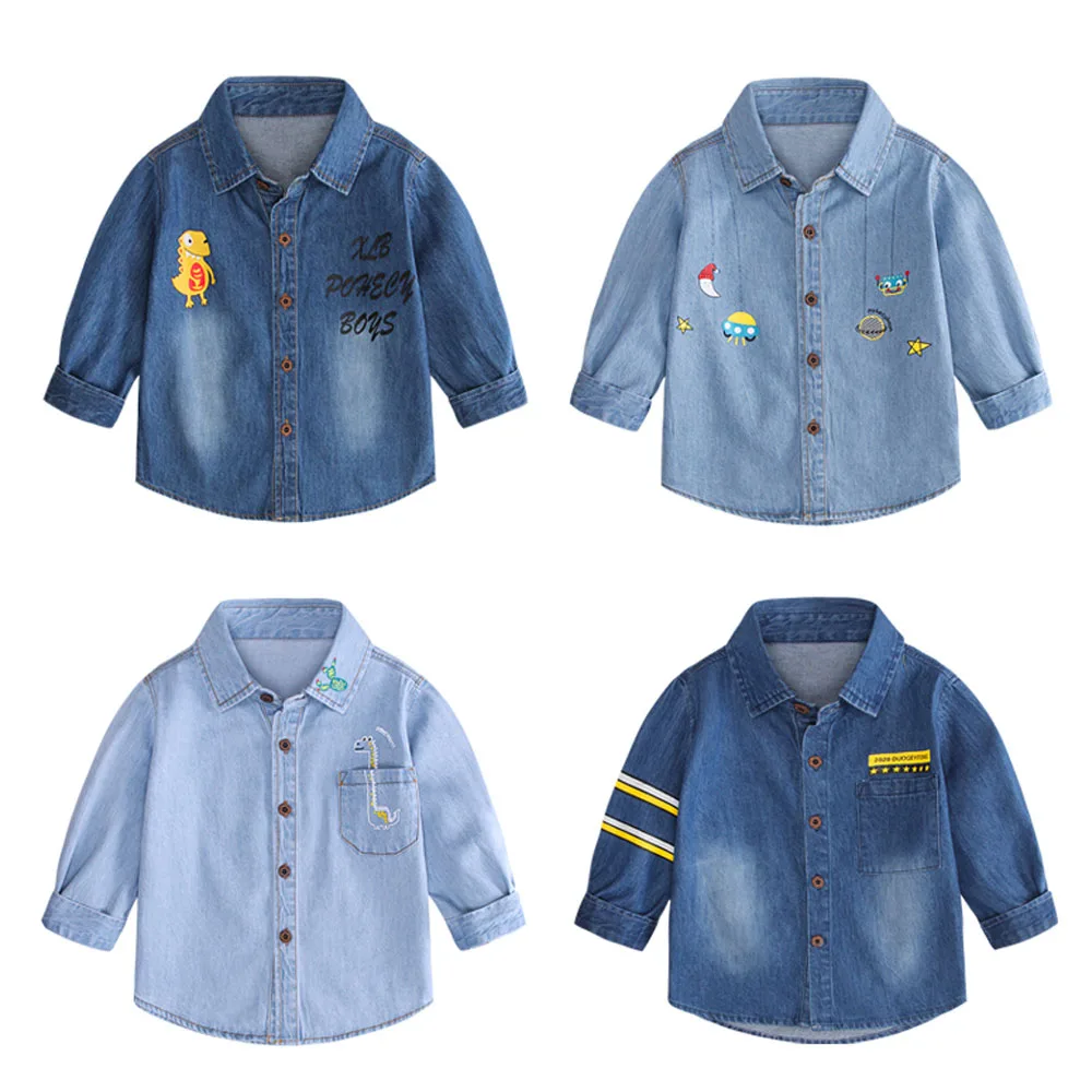 Весенняя одежда для мальчиков джинсовая рубашка с длинным рукавом летняя
