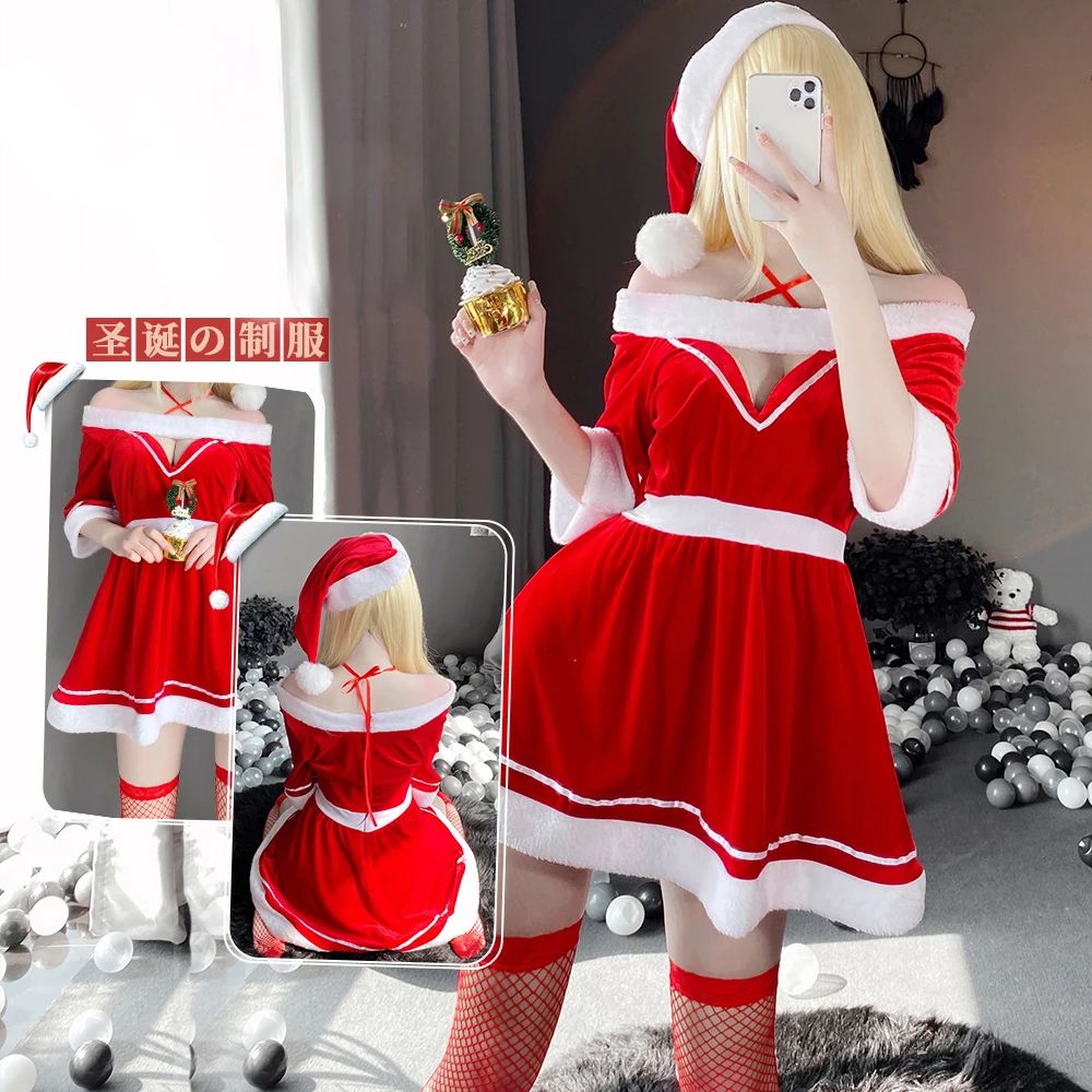 

Christmas Cosplay Women Costume Sexy Lingeries Winter Red Dress Hollow Lady Santa with Hat Maid Uniform Open Chest Outfits