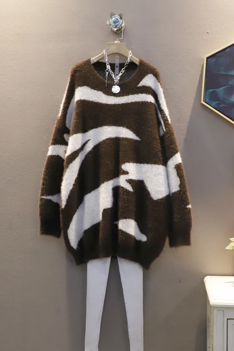 

Vefadisa Black Brown Irregular Pattern Women Sweater 2020 Autumn Winter Plus Size Pullover Sweater Fashion Print Knitted QYF4673