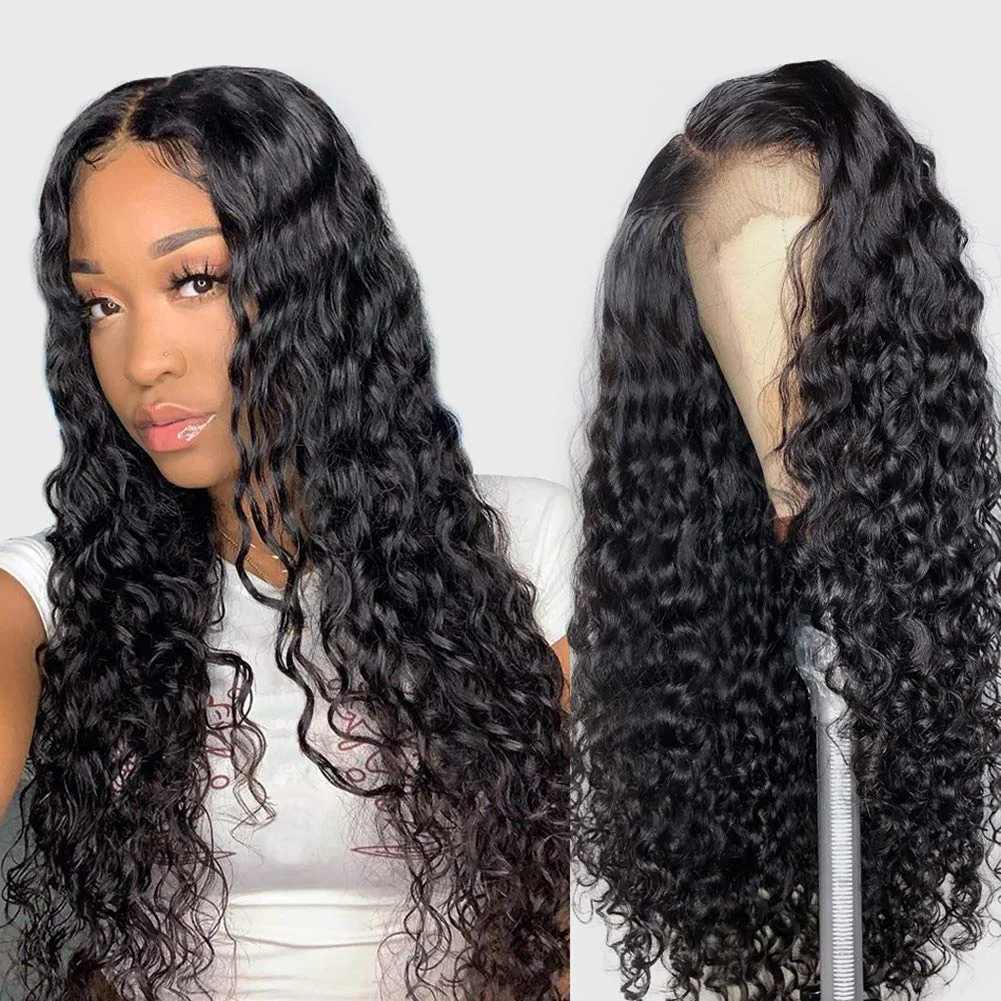 

32Inch Water Wave 4X4 Wet and Wavy Lace Closure Wig For Black Women Lace Glueless Lace Front Human Hair Wigs 150%Density On Sale