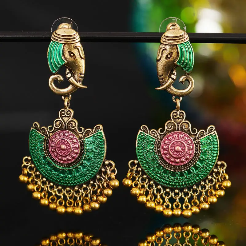 E green pink Индийские Jhumka серьги «Слоник» цыганские ювелирные изделия в стиле ретро этнические бусины в античном стиле висячие серьги с кисточками для женщин богемный подарок - Окраска металла: E green pink