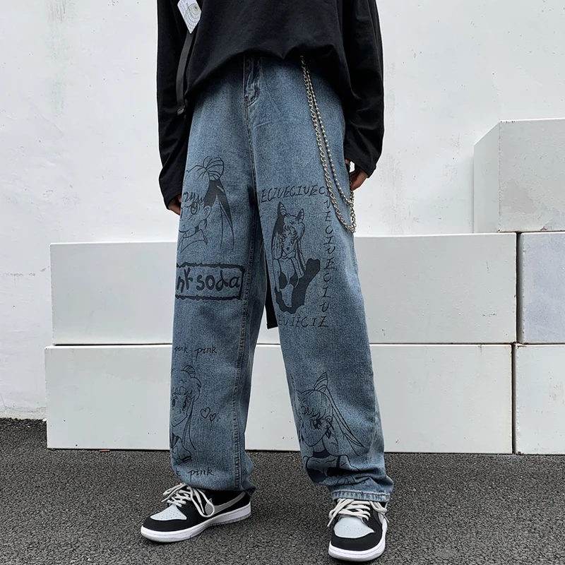 

Harajuku Sailor Moon Pattern Print Jeans Women Streetwear Jeans Vintage Washed Jeans Loose Wide Leg Pants Man Graffiti Jeans