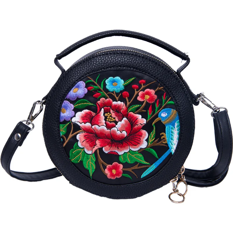 

Embroidered Round Shoulder Bag PU Leather Handmade Women Small Crossbody Beach Tote HandBags Flowers Messenger Crossbody Bags