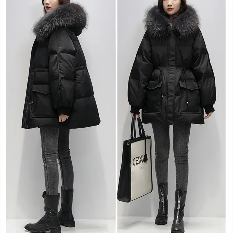 Down Jacket Women's Winter Thick Fur Hooded Down Coat Female Brand Drawstring Black Down Jacket