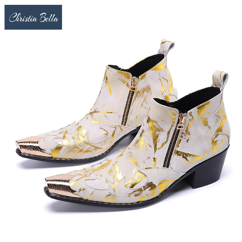 Модные формальные мужские полусапожки с золотым узором увеличивающие рост