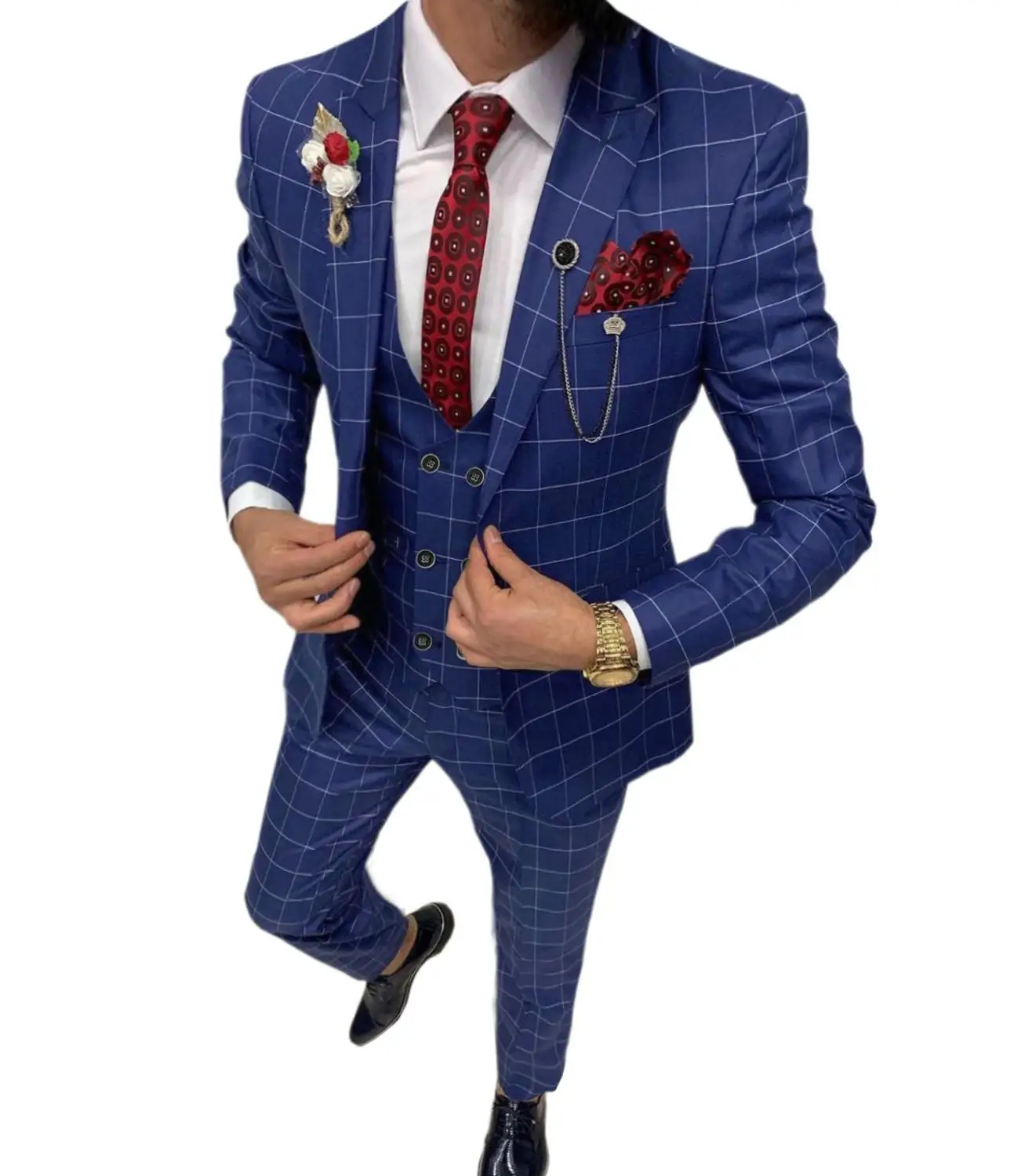 Men's  Suit Plaid Blue Three Piece Men's  Slim Fit Dress Suit Fashion Plaid Checked Blue Purple for Wedding (Jacket+Pant+Vest)