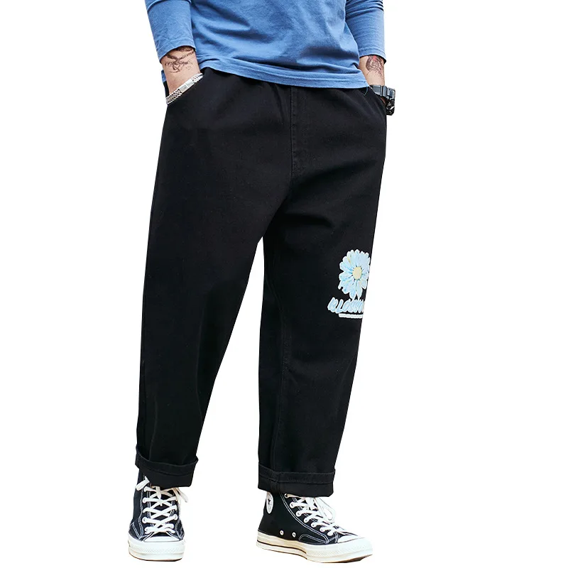 

Big size men's fat 9 / 4 jeans loose Harlan straight pants wide leg plus fat big Korean daddy pants