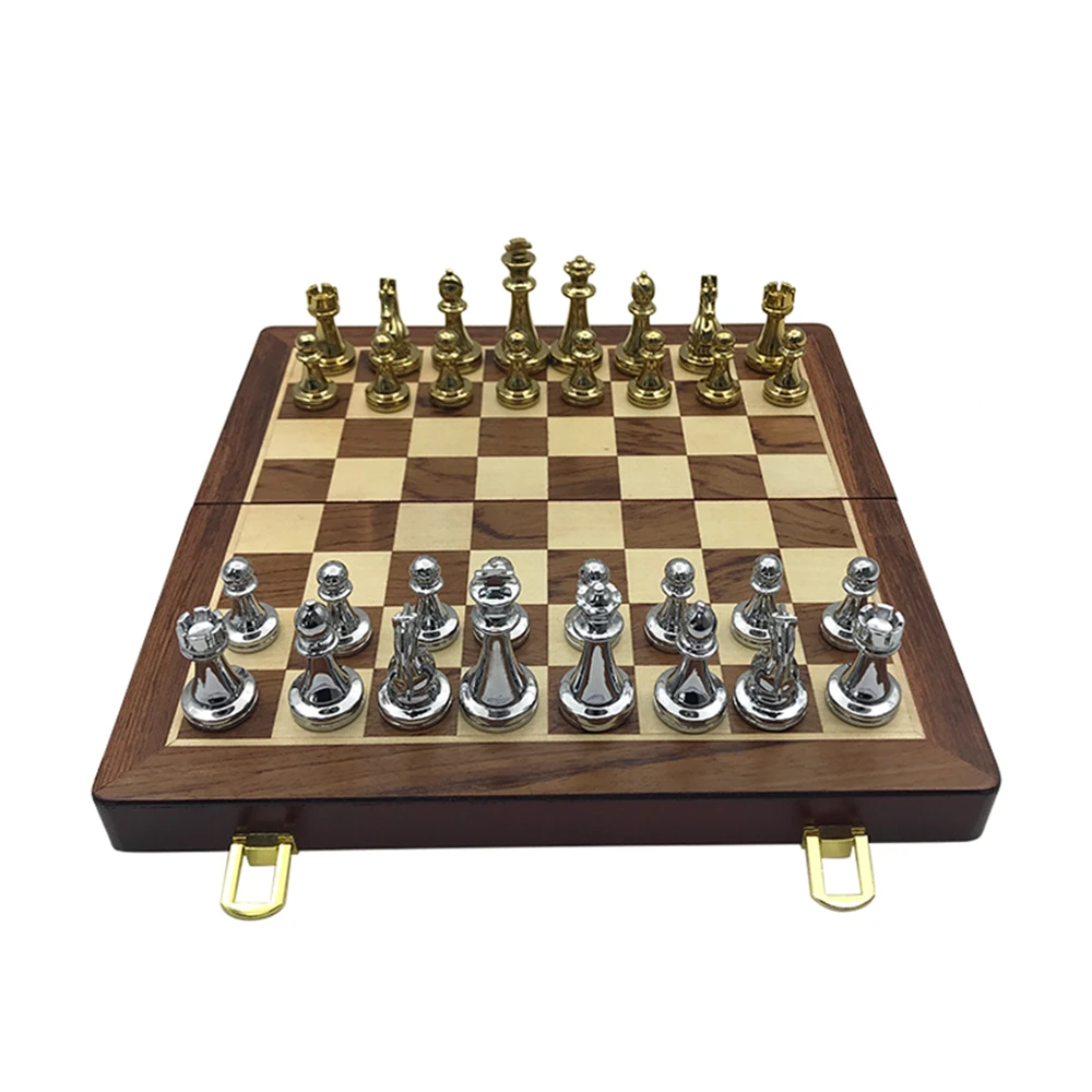 Metal Glossy Golden And Silver Chess Pieces Solid Wooden Professional Folding Chess Board High Grade Chess Games Set Gift