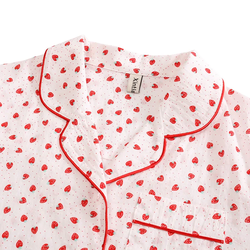 

Casual Loose Women Pajamas Sets Cute Strawberry Shirt+Short Sleepwear Turn-down Collar Homewear M30612