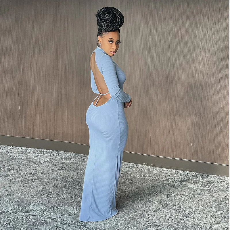

Winter Autumn Ribbed Sexy Backless Long Maxi Dress Women Long Sleeve Skinny Stretch Lace Up Hollow Out Back Party Night Clubwear