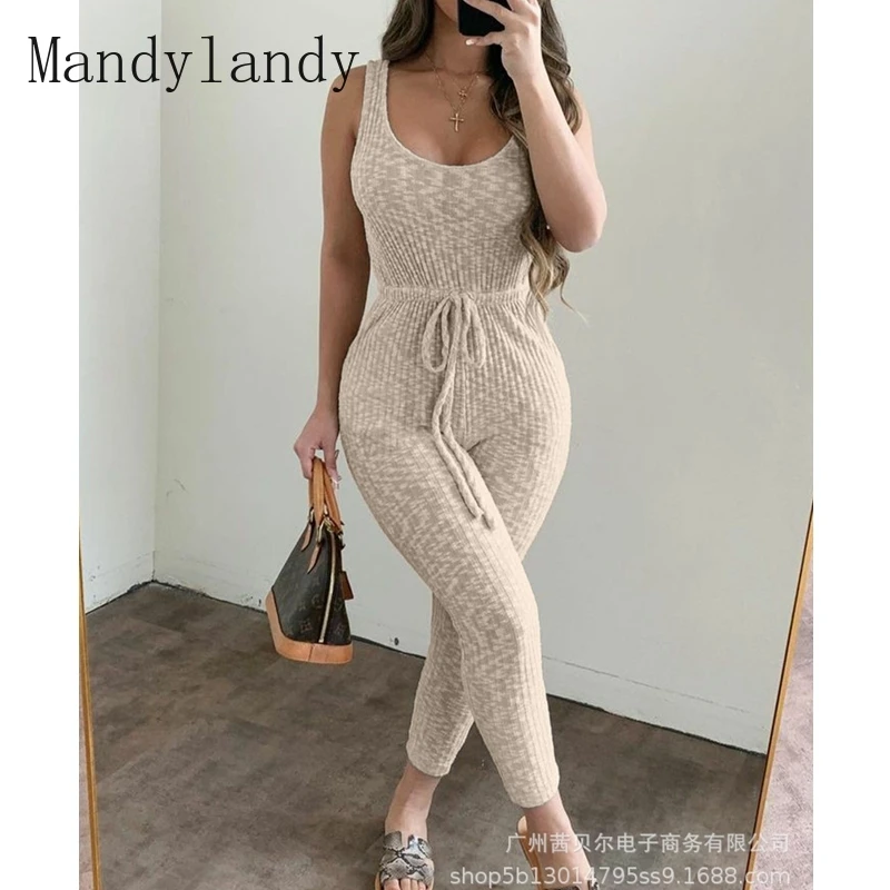 

Mandylandy Jumpsuits Summer Sleeveless O-Neck Slim Pencil Jumpsuits Women's Sexy Solid Color High Waist Lace Up Jumpsuits