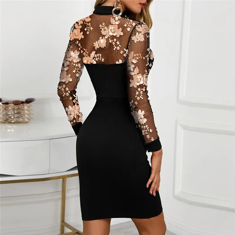 Женское облегающее прозрачное сексуальное мини платье в сеточку с цветком и