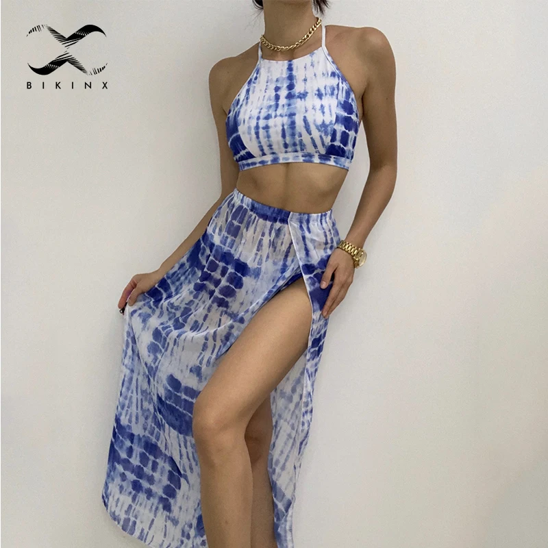 Sexy tie-dye 3 piece swimsuit women Blue lace up bikini 2020 mujer Long skirt swimwear woman High cut bandage beach bathing suit | Женская