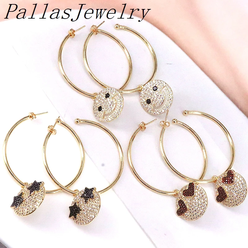 

3Pairs Trendy Jewelry Crystal Smile Face Hoop Earrings Pendant For Women Gold CZ Pave Geometric Earring For Gifts
