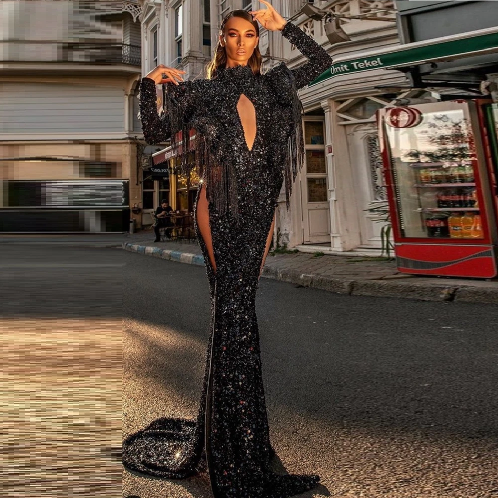 Новое черное модное платье с кисточками и блестками 2020 элегантное вечернее