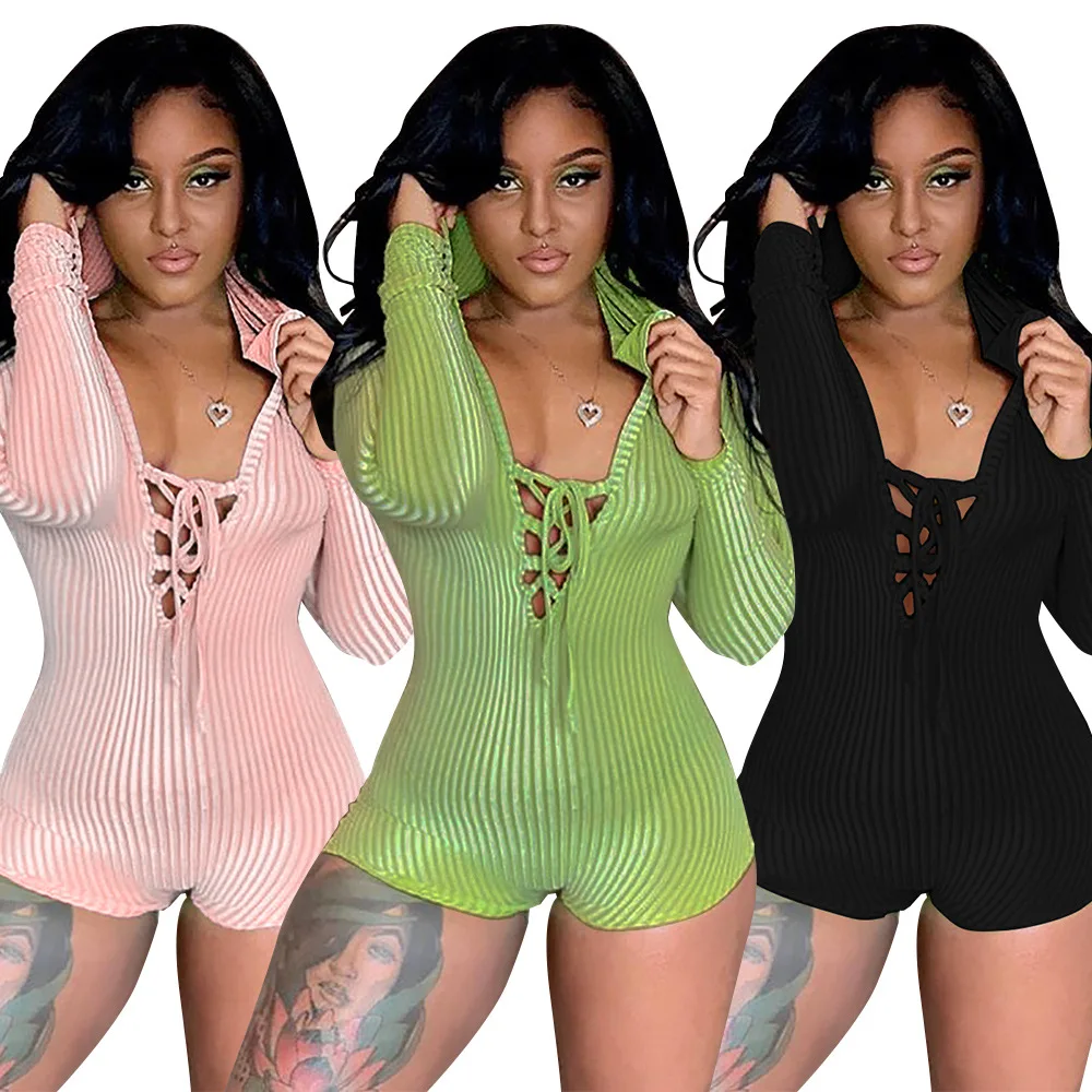 

2020 Autumn European and American New Style Casual Solid Color Slim-fit Strappy Striped Long-sleeved Hooded Jumpsuit Women