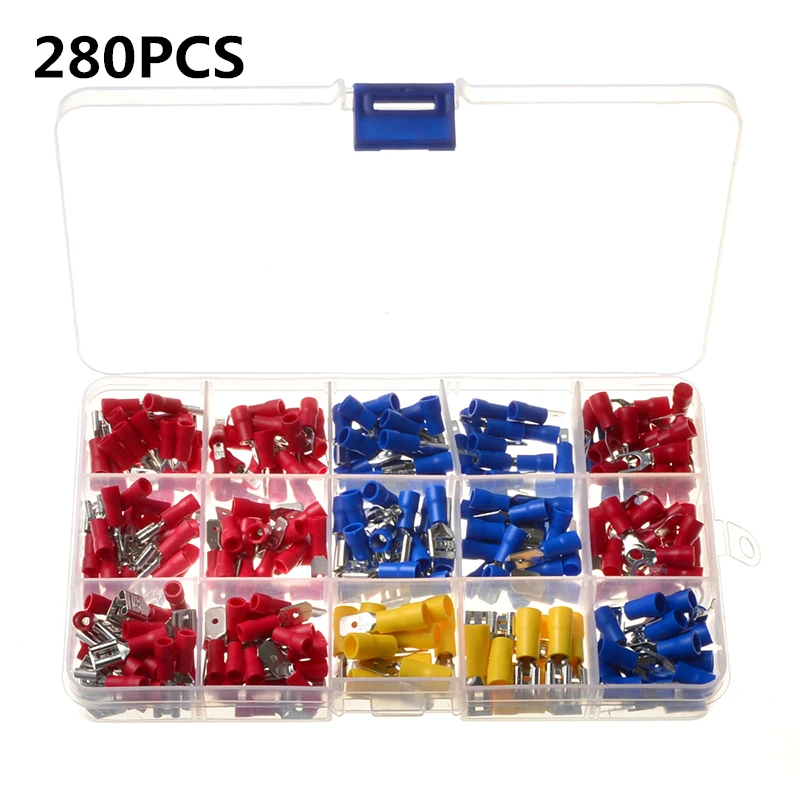 280 PCS 373/300/280 шт 24 значение различные изолированные кабельные наконечники для электрических проводов терминалов обжимной соединитель Лопата Батт Вилка Набор#4 до 1/4" - Цвет: 280 PCS