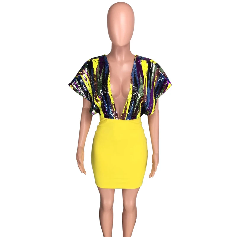 Сексуальное женское клубное мини-платье размера плюс, расшитое блестками, с глубоким v-образным вырезом, облегающее, вечерние, летние, растягивающиеся, для выпускного, вечерние, мини-платья - Цвет: Цвет: желтый