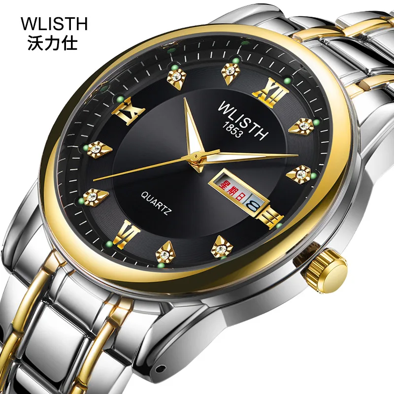 

Mens Top Brand WLISTH Luxury Gold Black Diamond Watches Double Calendar Quartz Watch For Men Fashion Wristwatches relojes hombre